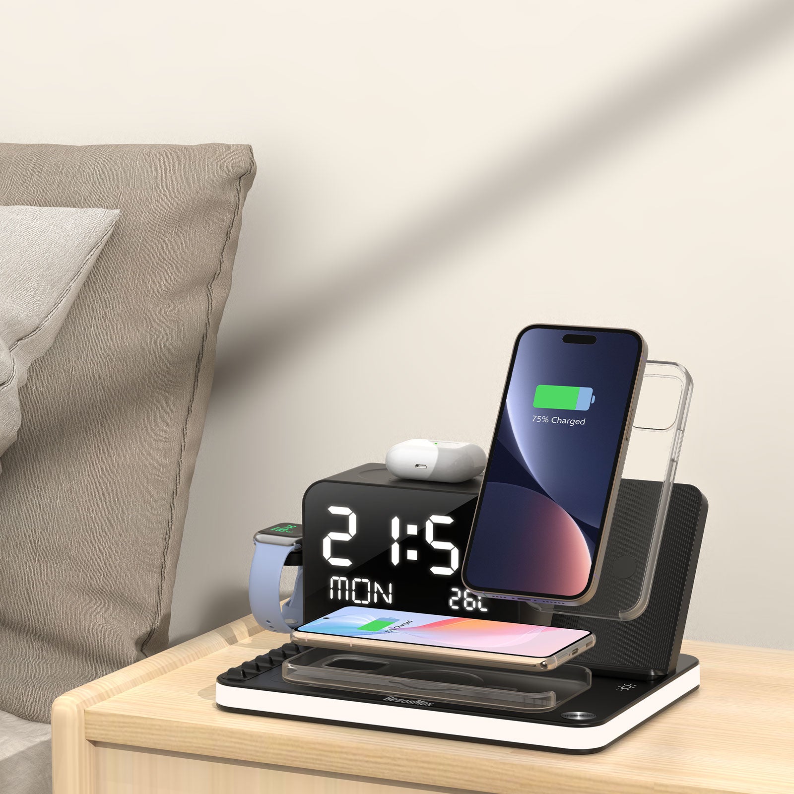 BezosMax 7 in 1 Wireless Charging Station with Clock Night Light, Time Sync