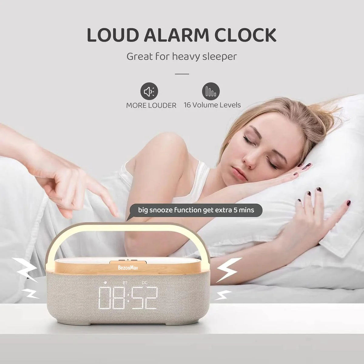 BezosMax S29 Alarm Clock with Fast Wireless Charging, Bluetooth Speaker