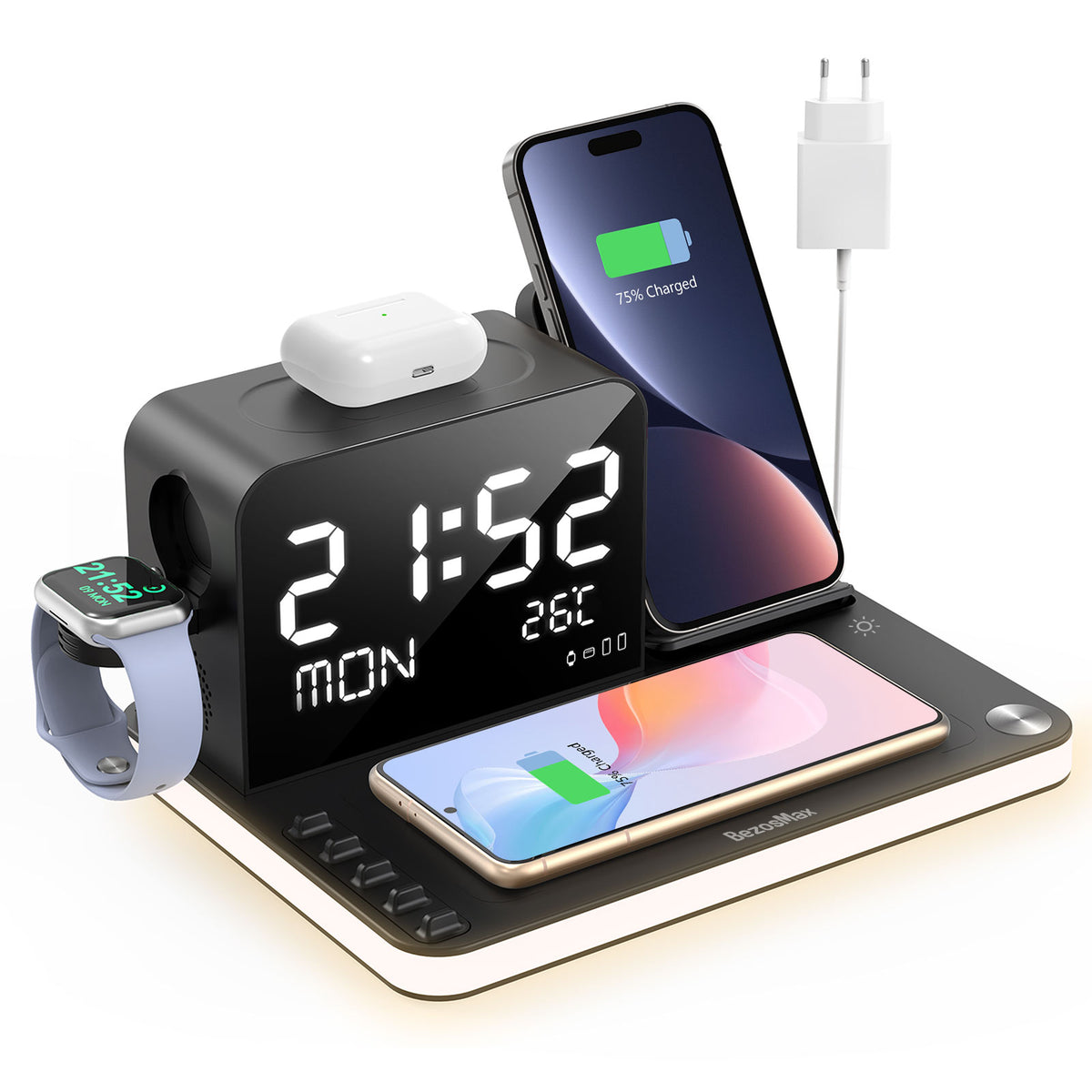 BezosMax 7 in 1 Wireless Charging Station with Clock Night Light, Time Sync